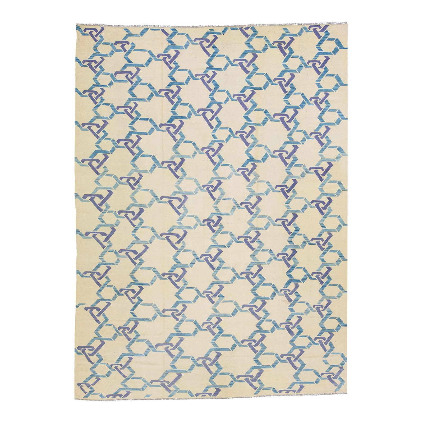 Contemporary Geometric Turkish Kilim Wool Rug 10' x 13'8' Beige Blue: Contemporary Geometric Turkish Kilim Wool Rug 10' x 13'8' Beige Blue Elevate your space with this contemporary geometric Kilim rug, handwoven to perfection. Featuring a dominant beige field adorned wi