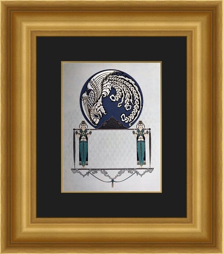 Erte Blue Asia Art Deco Custom Framed Print 18 x 21: Erte Blue Asia Art Deco Custom Framed Print 18 x 21 Experience the elegance of Art Deco with this custom framed print titled "Blue Asia" by the renowned artist Erte. This striking piece features a por