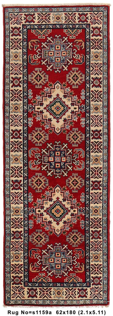 Handcrafted 2.11 x 6 Kazak Rug in Vibrant Red Wool: Handcrafted 2.11 x 6 Kazak Rug in Vibrant Red Wool Free continental US Shipping Introducing a captivating 2' x 6' Short Red Narrow Kazak Rug, a beautiful blend of tradition and contemporary style. Han