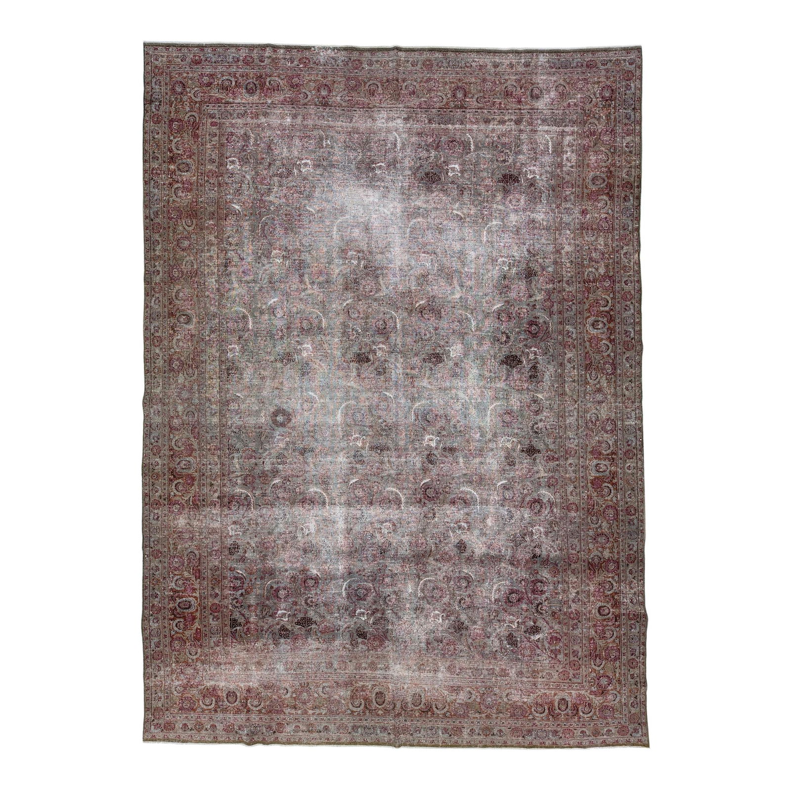 Antique Persian Tabriz Hand-Knotted Gray Wool Rug 9'11 x 13'11: Antique Persian Tabriz Hand-Knotted Gray Wool Rug 9'11 x 13'11 This stunning antique Persian Tabriz rug features a beautifully distressed gray color field, complemented by a rusted frame and delicate