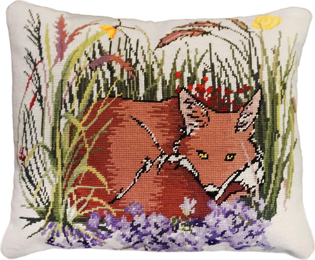 Floral Fox Needlepoint Pillow 16x20 Hand-Made Wool Down Insert: Floral Fox Needlepoint Pillow 16x20 Hand-Made Wool Down Insert Enhance your home decor with this exquisite Floral Fox Needlepoint Pillow. Crafted with a beautiful wool face, this pillow features a cha