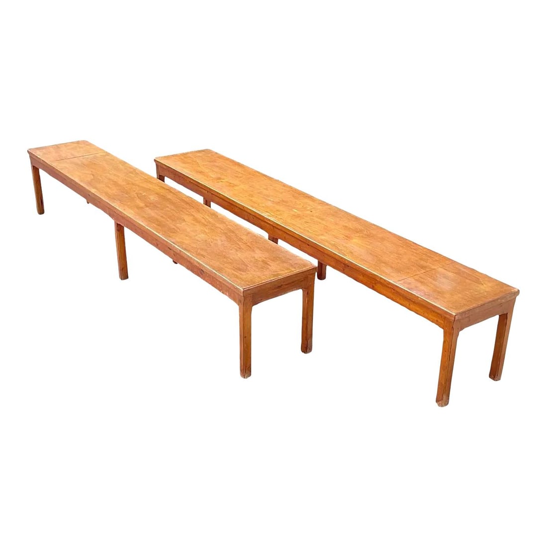 Vintage Pair of Sienna Wooden Parsons Style Benches: Vintage Pair of Sienna Wooden Parsons Style Benches Presenting a stunning pair of vintage wooden benches featuring classic Parsons style legs. These benches combine rustic assembly with a minimalist