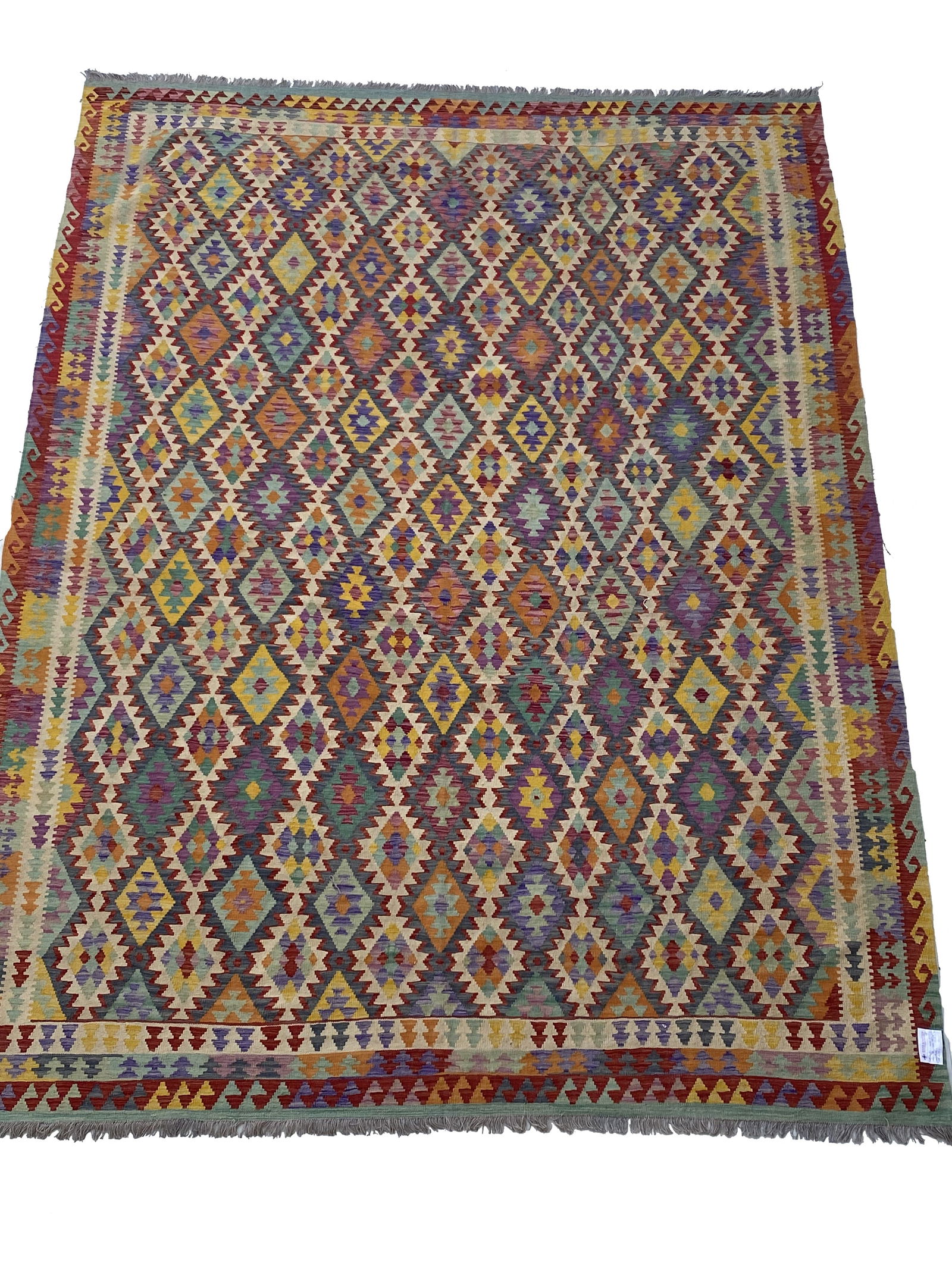 10 x 13 Handmade Multi-Color Ivory Kilim Rug Geometric Design Afghanistan: 10 x 13 Handmade Multi-Color Ivory Kilim Rug Geometric Design Afghanistan Free continental US Shipping Introducing a stunning 10' x 13' Multi-Color Ivory Kilim Rug, a perfect blend of tradition and