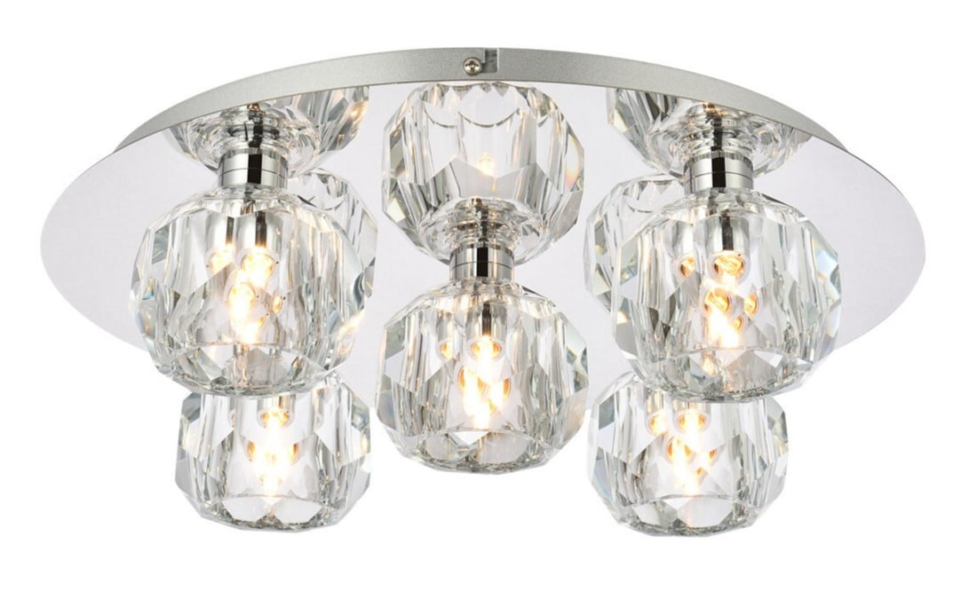 Graham 5-Light Chrome Flush Mount Chandelier with Crystal Shades: Graham 5-Light Chrome Flush Mount Chandelier with Crystal Shades Enhance your living space with this elegant modern flush mount chandelier featuring a chrome finish and five light fixtures. Designed f