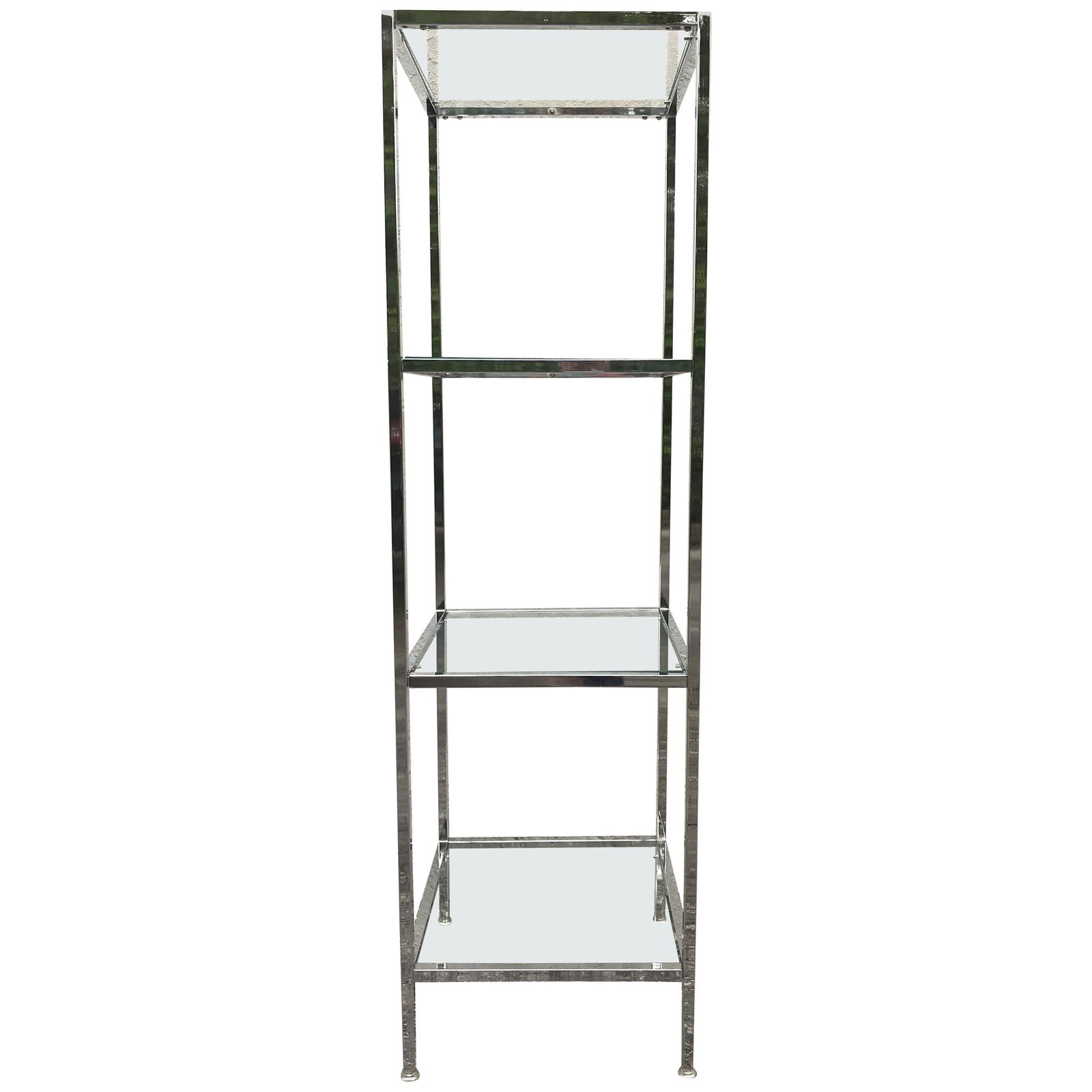 Milo Baughman Style Mid-Century Chrome Glass Etagere Set of 5: Milo Baughman Style Mid-Century Chrome Glass Etagere Set of 5 This stunning tall etagere showcases the iconic style reminiscent of Milo Baughman, embodying the elegance of Mid-Century Modern design. C