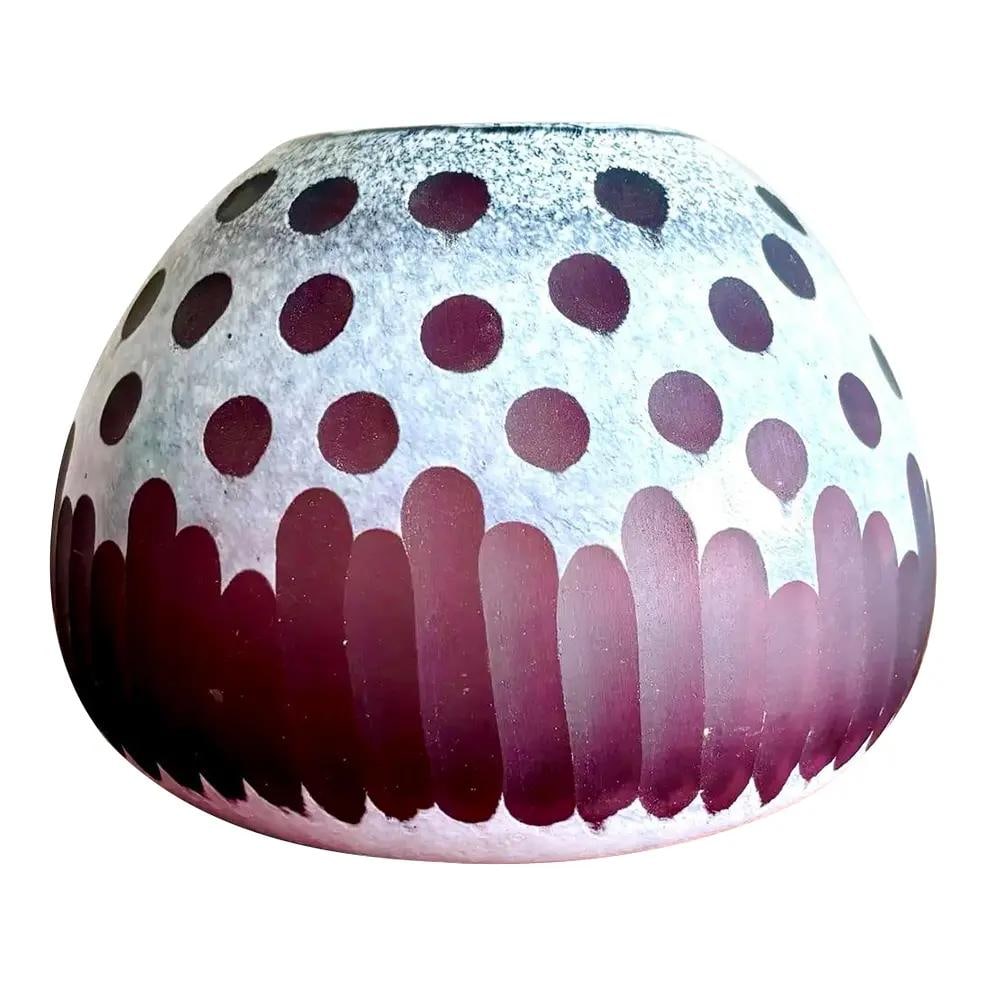 Boho Art Glass Vase Eggplant Frosted Dot Stripe Design 9x9x6: Boho Art Glass Vase Eggplant Frosted Dot Stripe Design 9x9x6 This striking hand-blown art glass vase showcases a bold and graphic design with a frosted white surface layered over deep amethyst glass.