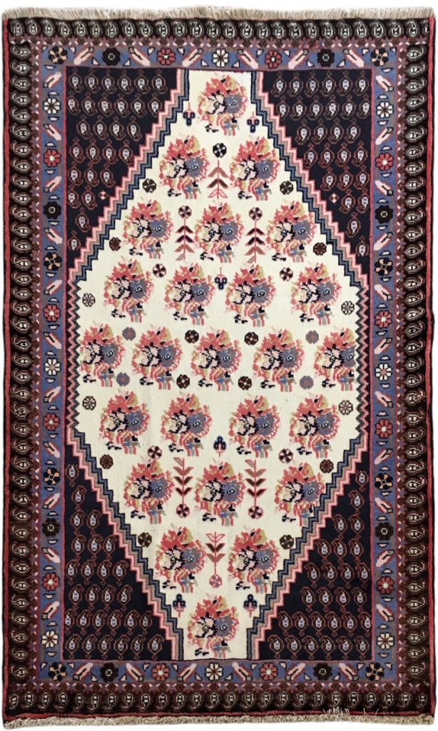 Elegant 3.7 x 4.9 Ivory Hand-Knotted Persian Hamadan Area Rug: Elegant 3.7 x 4.9 Ivory Hand-Knotted Persian Hamadan Area Rug Free continental US Shipping Enhance your living space with this exquisite 3.7 x 4.9 Ivory Traditional Persian Hamadan Rug, a true