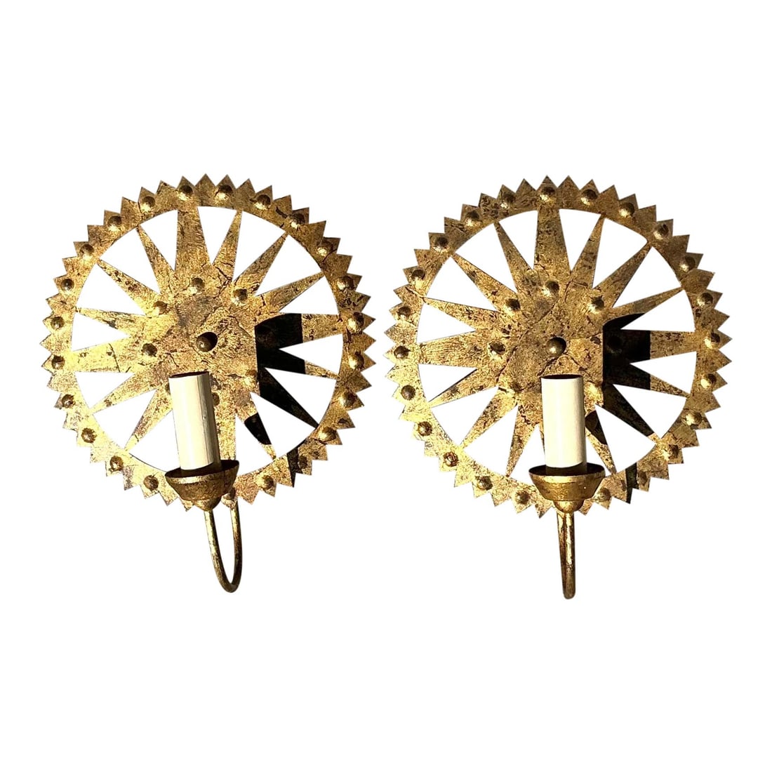 Vintage Boho Punch Cut Gilt Sconces Pair Brass Metal Lighting: Vintage Boho Punch Cut Gilt Sconces Pair Brass Metal Lighting Enhance your home decor with this exquisite pair of Vintage Boho Punch Cut Gilt Light Sconces. These stunning sconces, featuring intricate