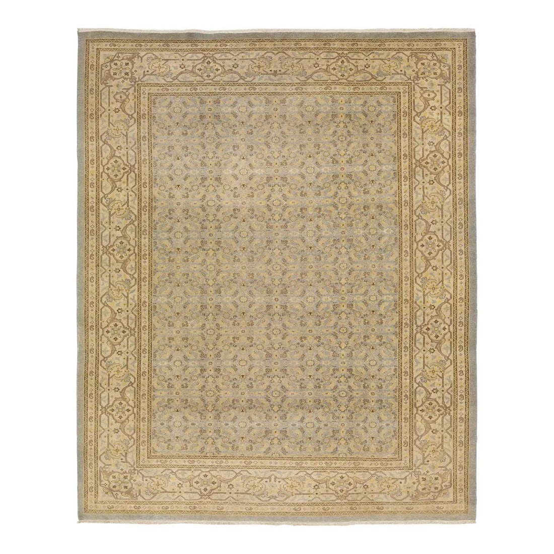 Handmade Pale Blue Wool Tabriz Style Rug 9'9 x 12': Handmade Pale Blue Wool Tabriz Style Rug 9'9 x 12' This stunning handmade wool rug showcases a modern interpretation of the classic Anatolian aesthetic. Featuring a medallion-and-corner design adorned