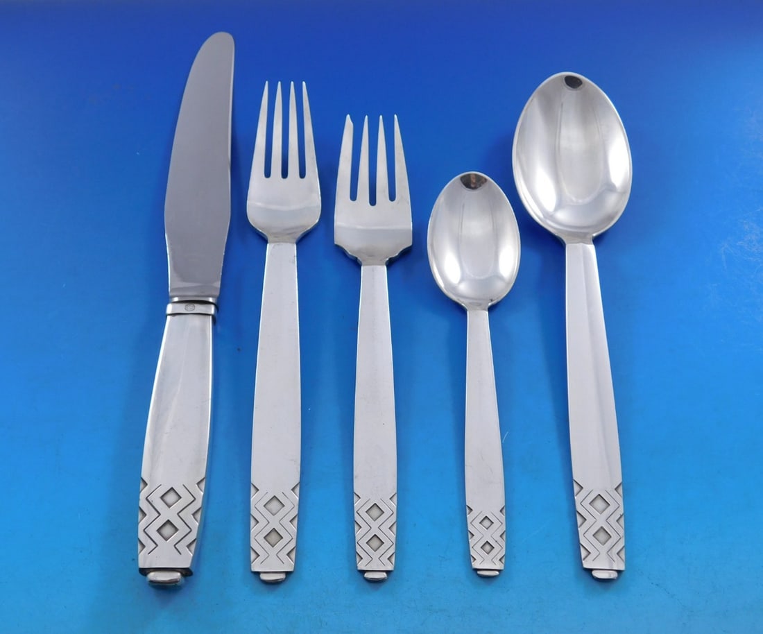 Rare Mayan Sterling Silver Flatware Set by Georg Jensen 41 pcs: Rare Mayan Sterling Silver Flatware Set by Georg Jensen 41 pcs Discover the exquisite Mayan Sterling Silver Flatware Set by Georg Jensen, a remarkable collection designed in 1937 by Johan Rohde. This