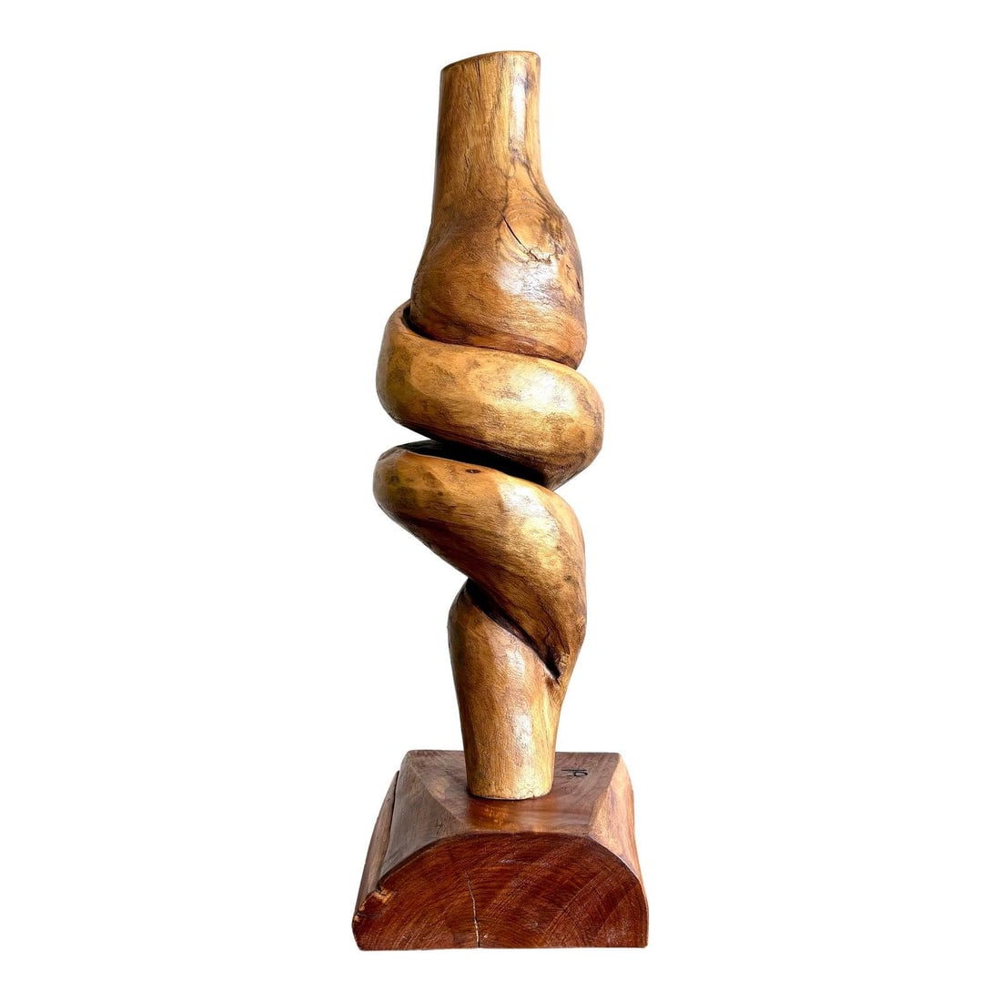 Hand-Carved Vintage Boho Wooden Twist Sculpture 18.25": Hand-Carved Vintage Boho Wooden Twist Sculpture 18.25" This vintage hand-carved wooden sculpture features a captivating twisting organic form, reminiscent of limbs spiraling upward in motion. The smoo