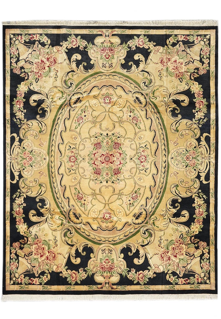 8.3 x 10 Hand-Knotted Wool Aubusson Area Rug in Black Green Gold Coral (1 of 11)