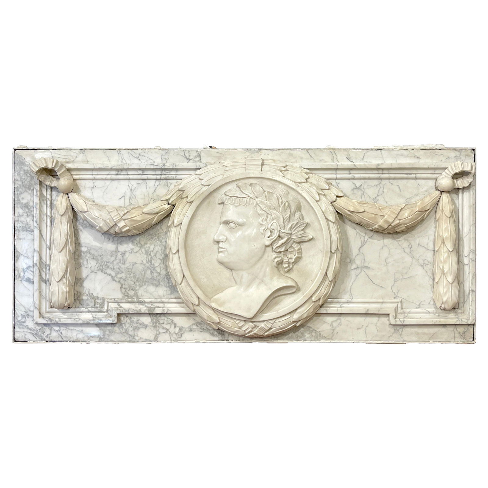 19th Century Italian Carrara Marble Frieze Sculpture of Caesar: 19th Century Italian Carrara Marble Frieze Sculpture of Caesar This magnificent 19th Century Italian carved marble architectural frieze sculpture features a striking high relief portrait of Caesar sur