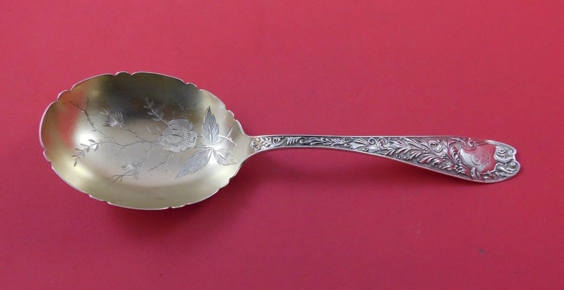 Knowles Aeolian Sterling Silver Berry Spoon 9 Gold Washed Roses (1 of 1)