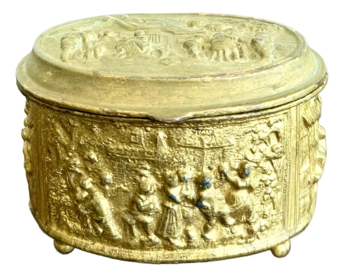 Vintage Gold-Tone Metal Trinket Box with Village Celebration Scene (1 of 8)