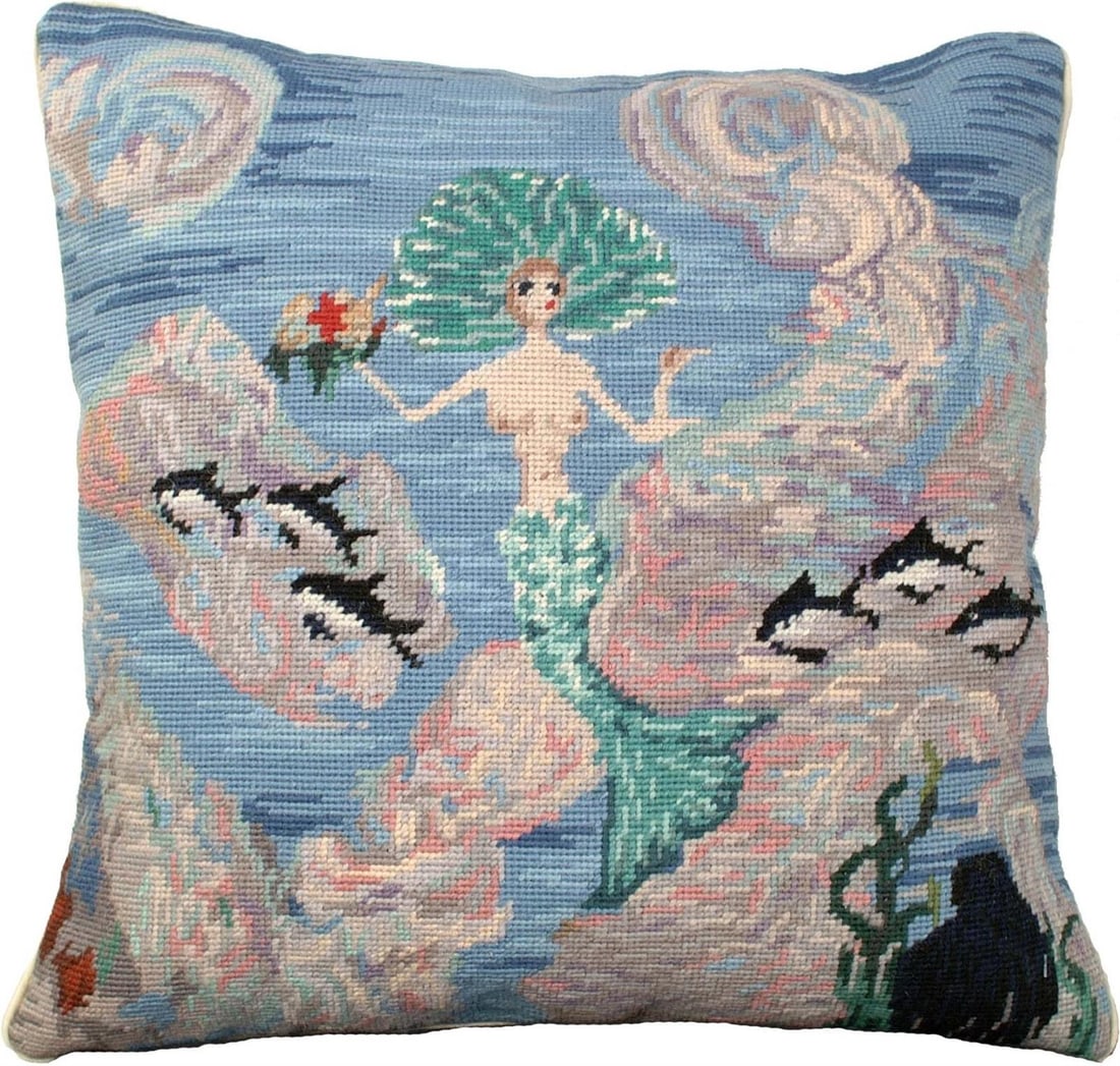 Vibrant Nautical Mermaid Throw Pillow Handmade Needlepoint 18x18: Vibrant Nautical Mermaid Throw Pillow Handmade Needlepoint 18x18 Enhance your living space with this vibrant Nautical Mermaid Throw Pillow, featuring a stunning hand-made needlepoint design. Perfect f