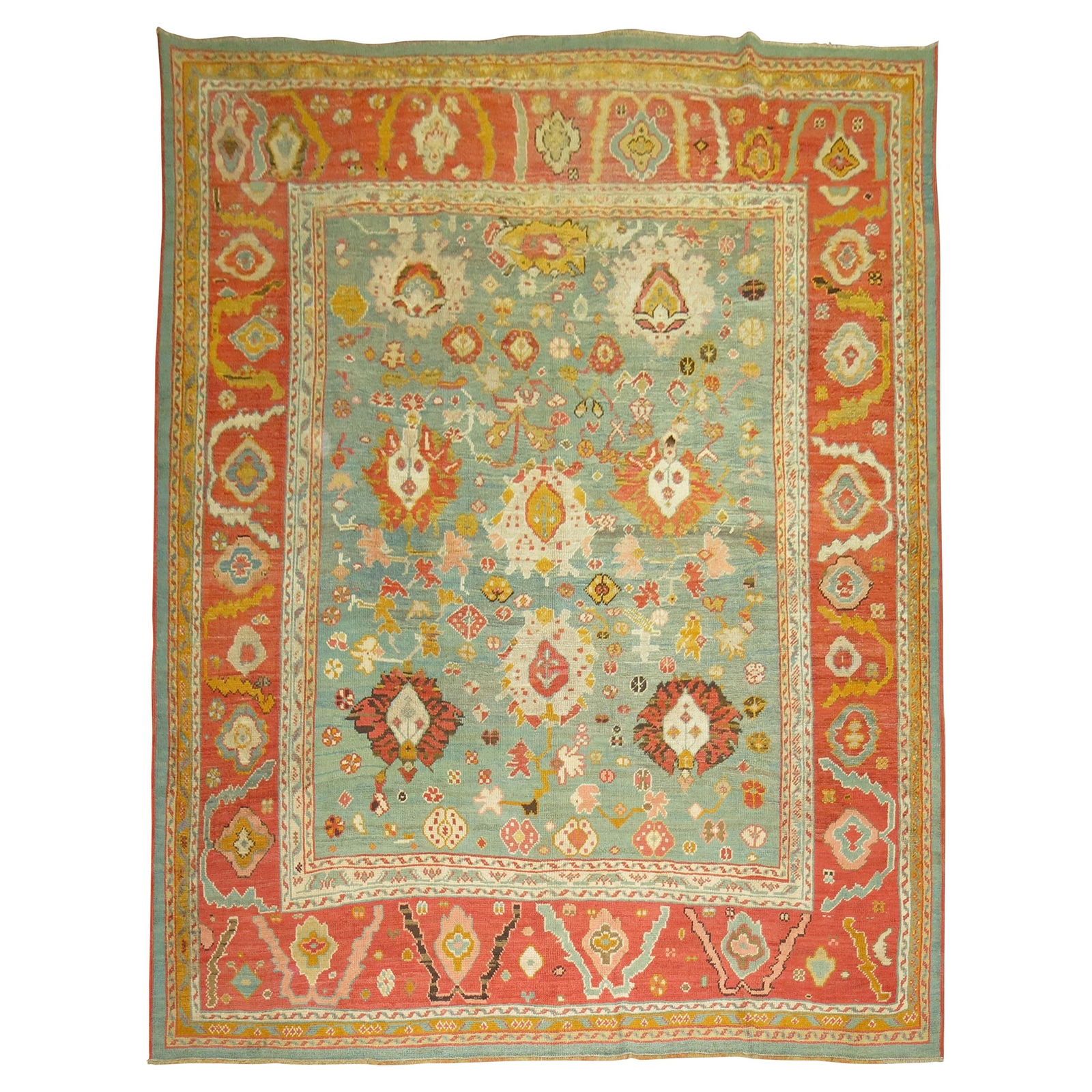 Vibrant Green Antique Oushak Rug 106 x 134 Wool Hand-Woven Turkey: Vibrant Green Antique Oushak Rug 106 x 134 Wool Hand-Woven Turkey This stunning early 20th century Turkish Oushak rug features a vibrant green field accented by a rich orangy-red border, making it a c