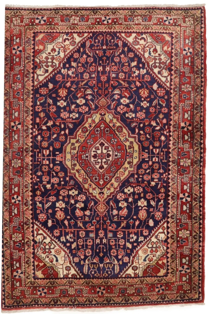 Hand-Knotted Wool Area Rug 3'3 x 3'7 Vintage Tribal Floral Design: Hand-Knotted Wool Area Rug 3'3 x 3'7 Vintage Tribal Floral Design This vintage hand-knotted area rug features a tribal floral pattern in shades of dark purple, navy, cream, red, golden beige, and char