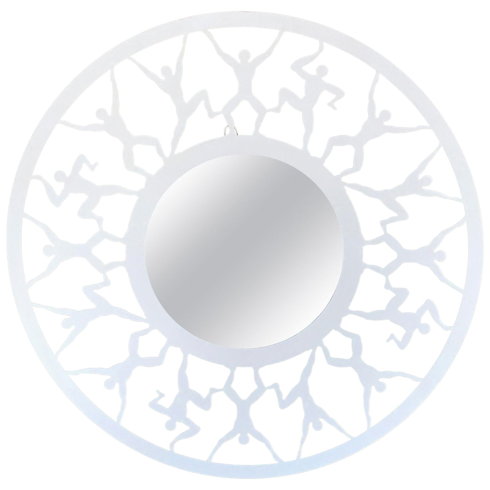 Modern White Enameled Atlas Mirror with Figural Supports 36 in: Modern White Enameled Atlas Mirror with Figural Supports 36 in This modern circular white enameled 'Atlas' mirror features a striking design with 16 continuous figural supports that elegantly encircle