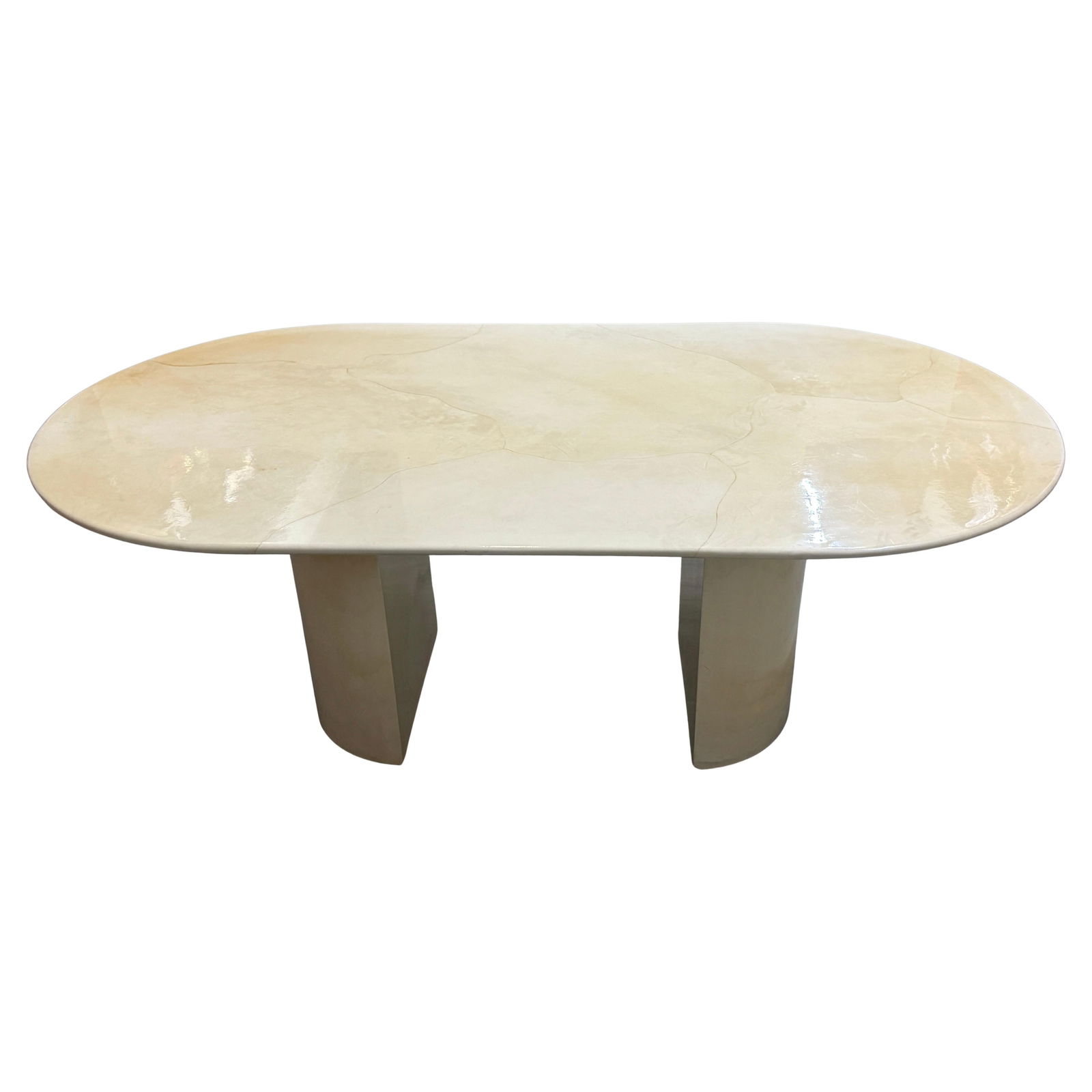 Rare Signed Karl Springer Ivory Goatskin Oval Dining Table 1980s: Rare Signed Karl Springer Ivory Goatskin Oval Dining Table 1980s This stunning dining table or executive desk by Karl Springer showcases his exceptional craftsmanship and luxurious materials. Crafted