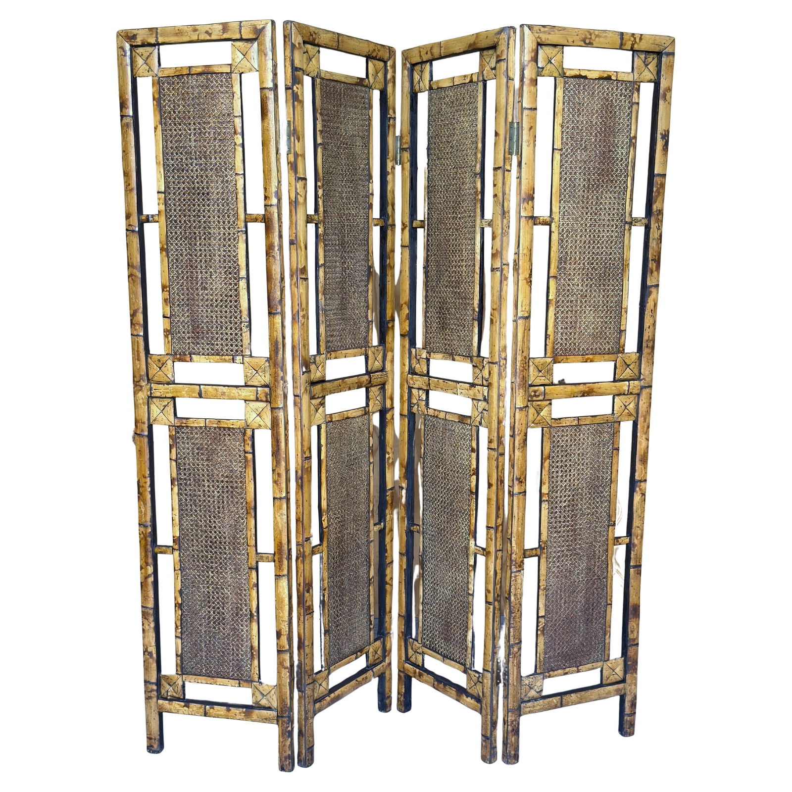 1970s Mid-Century Modern Four-Panel Bamboo Rattan Room Divider: 1970s Mid-Century Modern Four-Panel Bamboo Rattan Room Divider This architectural four-panel room divider from the 1970s combines functionality with a striking aesthetic. Crafted with precision from s