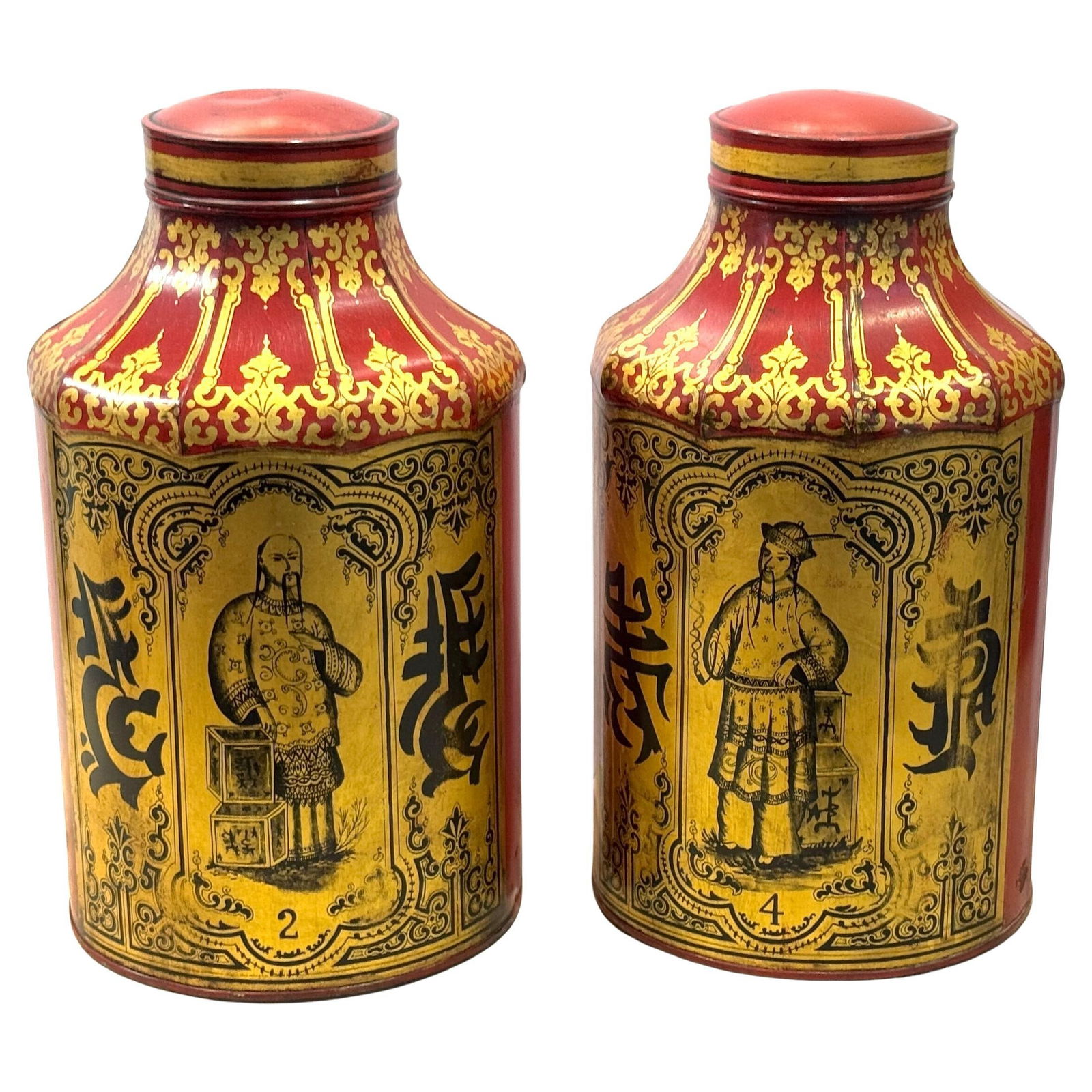 Set of 2 Regency Chinoiserie Red Gilt Tole Tea Caddies Numbers 2 and 4 (1 of 11)