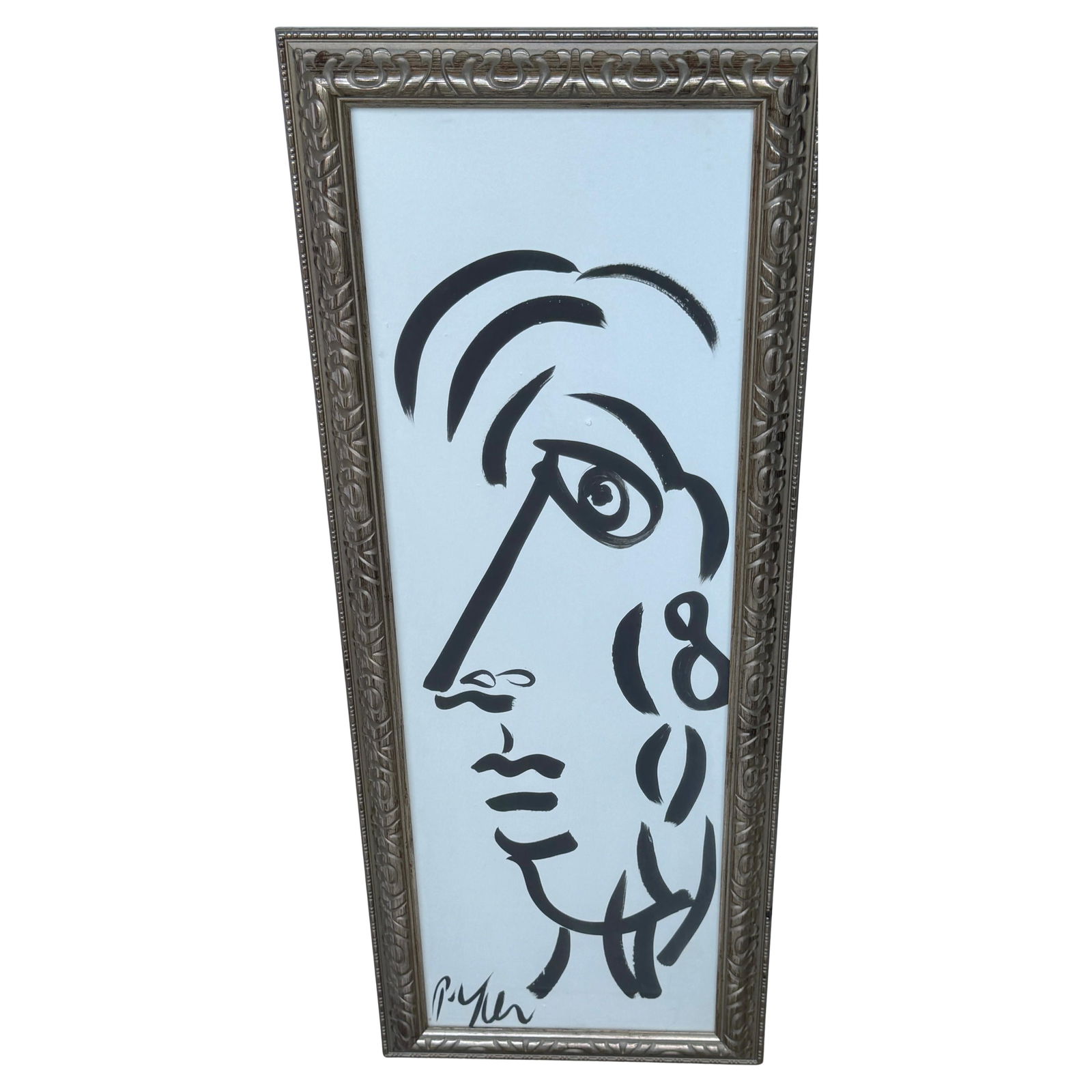 Peter Keil Black & White Portrait Oil on Board Signed Modern Art 12 x 36: Peter Keil Black & White Portrait Oil on Board Signed Modern Art 12 x 36 This striking black and white oil portrait by German artist Peter Keil (b. 1942) features a stylized abstract profile facing le