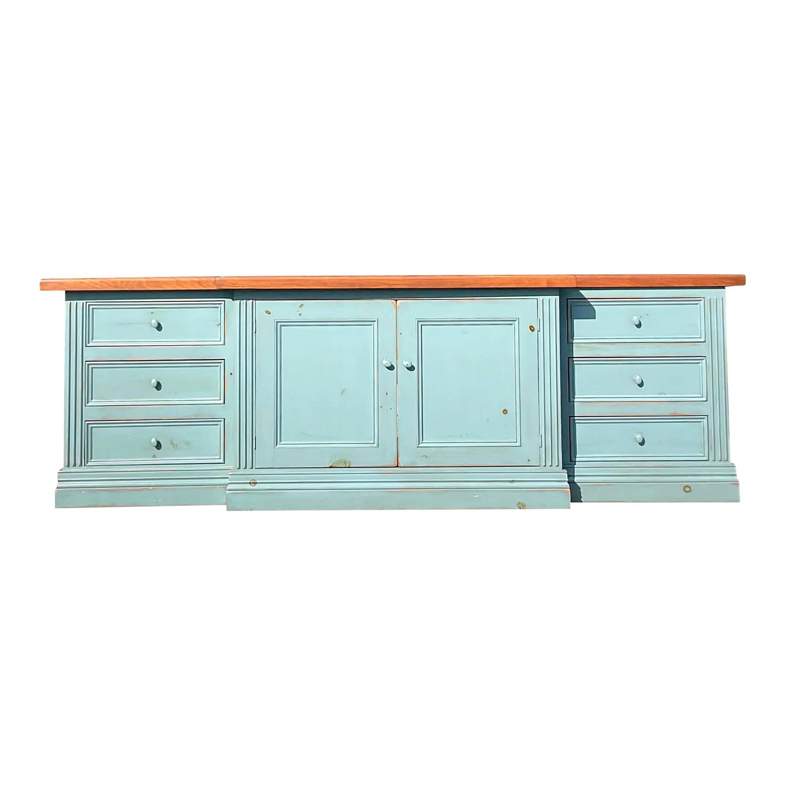 Monumental Vintage Boho Credenza Cerulean Blue Wash Wood Top (1 of 7)