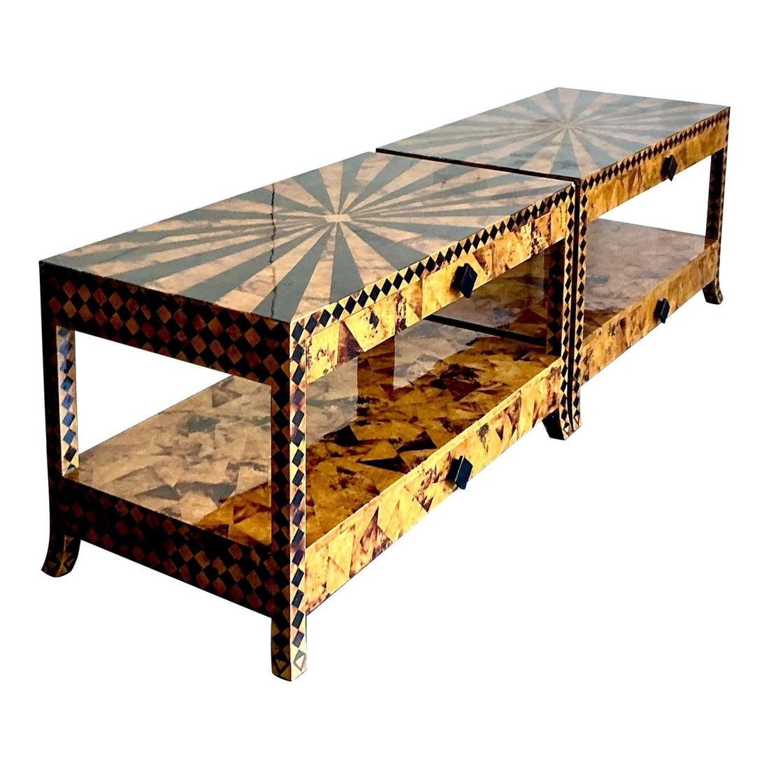Exquisite Pair of Vintage Tessellated Coconut Shell Side Tables: Exquisite Pair of Vintage Tessellated Coconut Shell Side Tables Make a bold design statement with this exquisite pair of vintage tessellated side tables. Each table showcases artisanal craftsmanship w