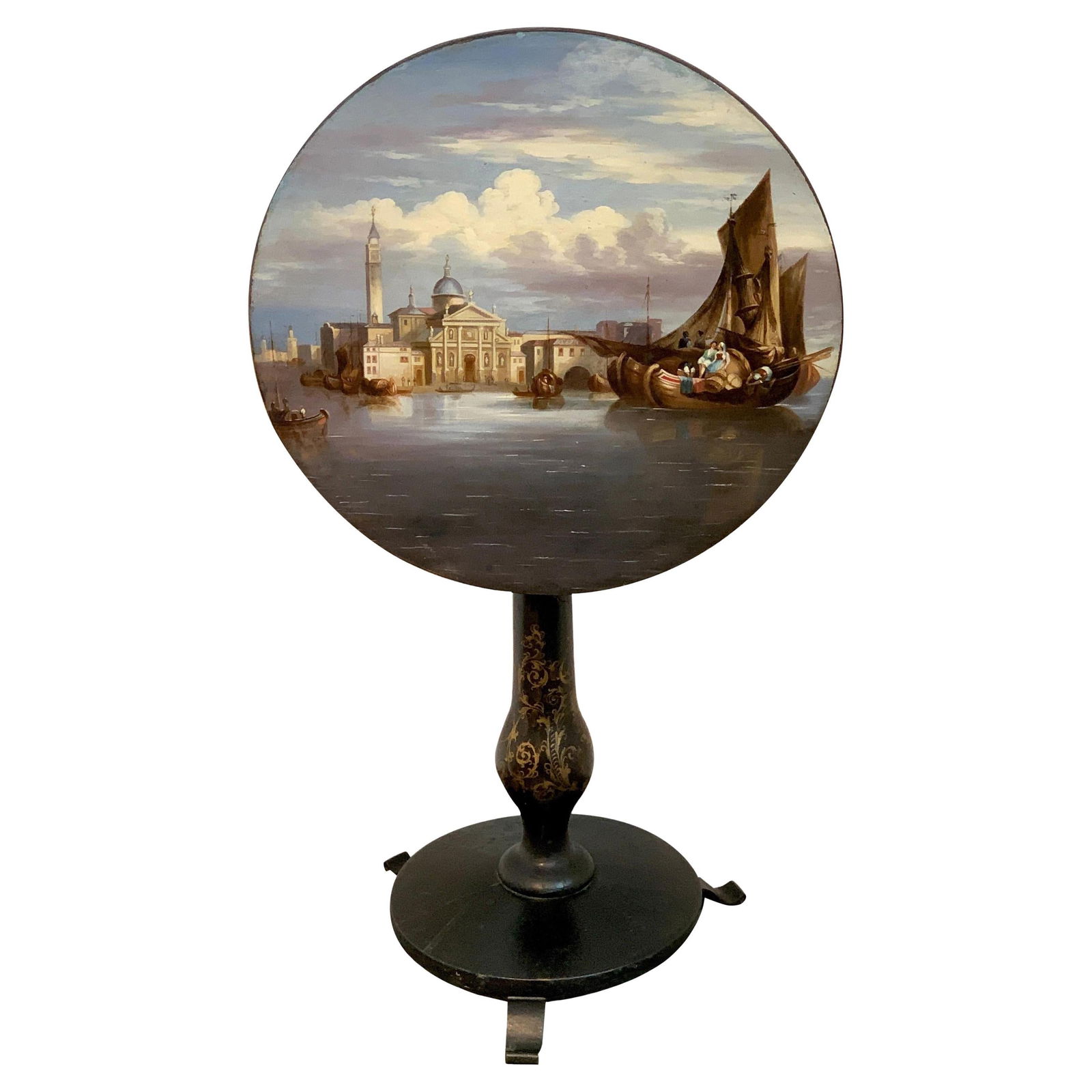 19th Century English Tilt-Top Table with St Marks Square View: 19th Century English Tilt-Top Table with St Marks Square View This exquisite 19th Century English papier-mache tilt-top table features a stunning view of St. Mark's Square, beautifully painted in intr