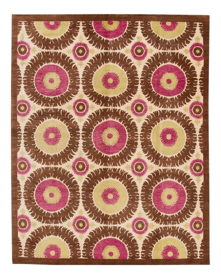 21st Century Hand-Knotted Tibetan Wool Rug Tan 8' x 10' Geometric Design (1 of 10)