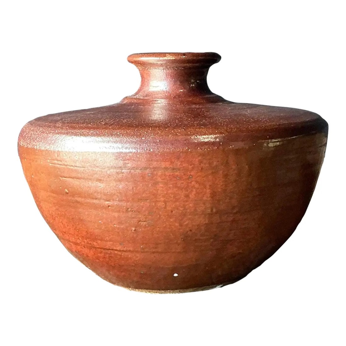 Mid-Century Studio Pottery Vase Terra Cotta Wabi-Sabi Design: Mid-Century Studio Pottery Vase Terra Cotta Wabi-Sabi Design This vintage jar, or squat bottle vase, showcases the beauty of Mid-Century Studio Pottery with Wabi-Sabi influences. Hand-thrown, the vase