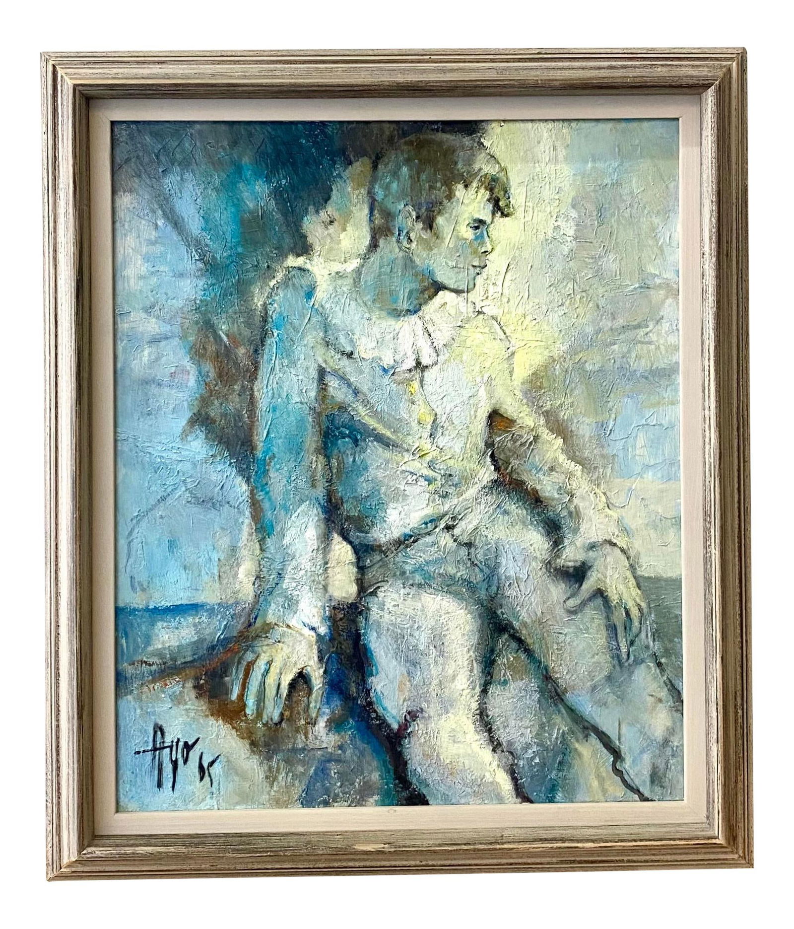 Midcentury Signed Ayo Oil Painting Canvas 1965 Sky Blue: Midcentury Signed Ayo Oil Painting Canvas 1965 Sky Blue This captivating midcentury oil painting on canvas features a beautiful profile of a young boy, showcasing lovely pale blues and greys, reminisc