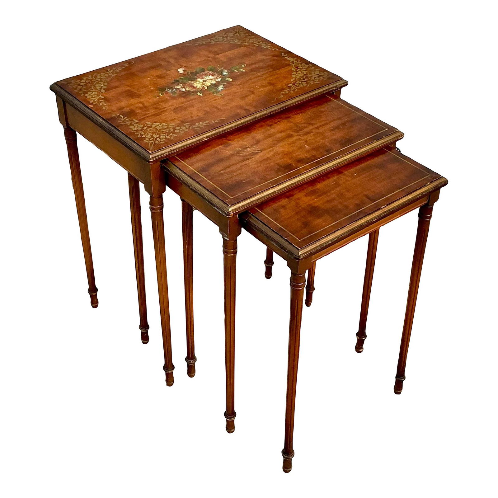 Vintage Regency Set of 3 Hand-Painted Nesting Tables: Vintage Regency Set of 3 Hand-Painted Nesting Tables Enhance your living space with this charming set of three vintage Regency hand-painted nesting tables. Each table features intricate patterns and e