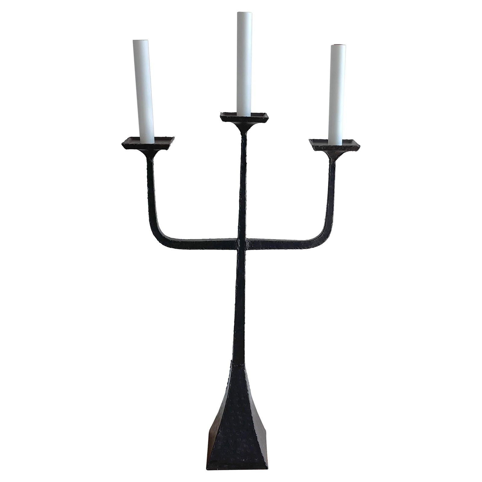 French Modern Wrought Iron Three-Light Candelabra Floor Lamp 1960s: French Modern Wrought Iron Three-Light Candelabra Floor Lamp 1960s This exquisite French modern wrought iron three-light candelabra floor lamp combines functionality and aesthetic appeal. Standing at