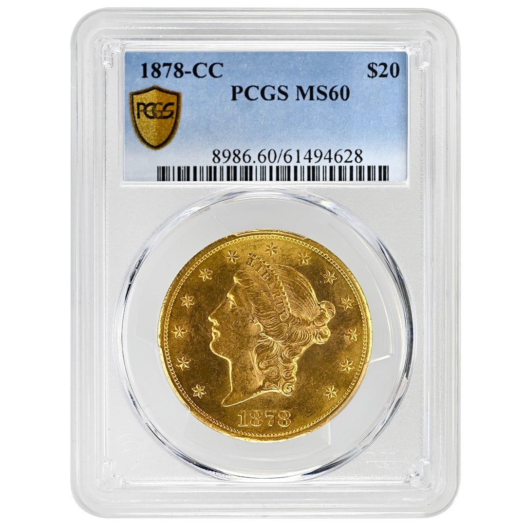 PCGS MS60 1878 Carson City Liberty Head $20 Gold Coin: PCGS MS60 1878 Carson City Liberty Head $20 Gold Coin This is an 1878-CC $20 Liberty Head gold coin, certified by PCGS as MS60. Struck at the Carson City Mint, it is an uncirculated example from the U