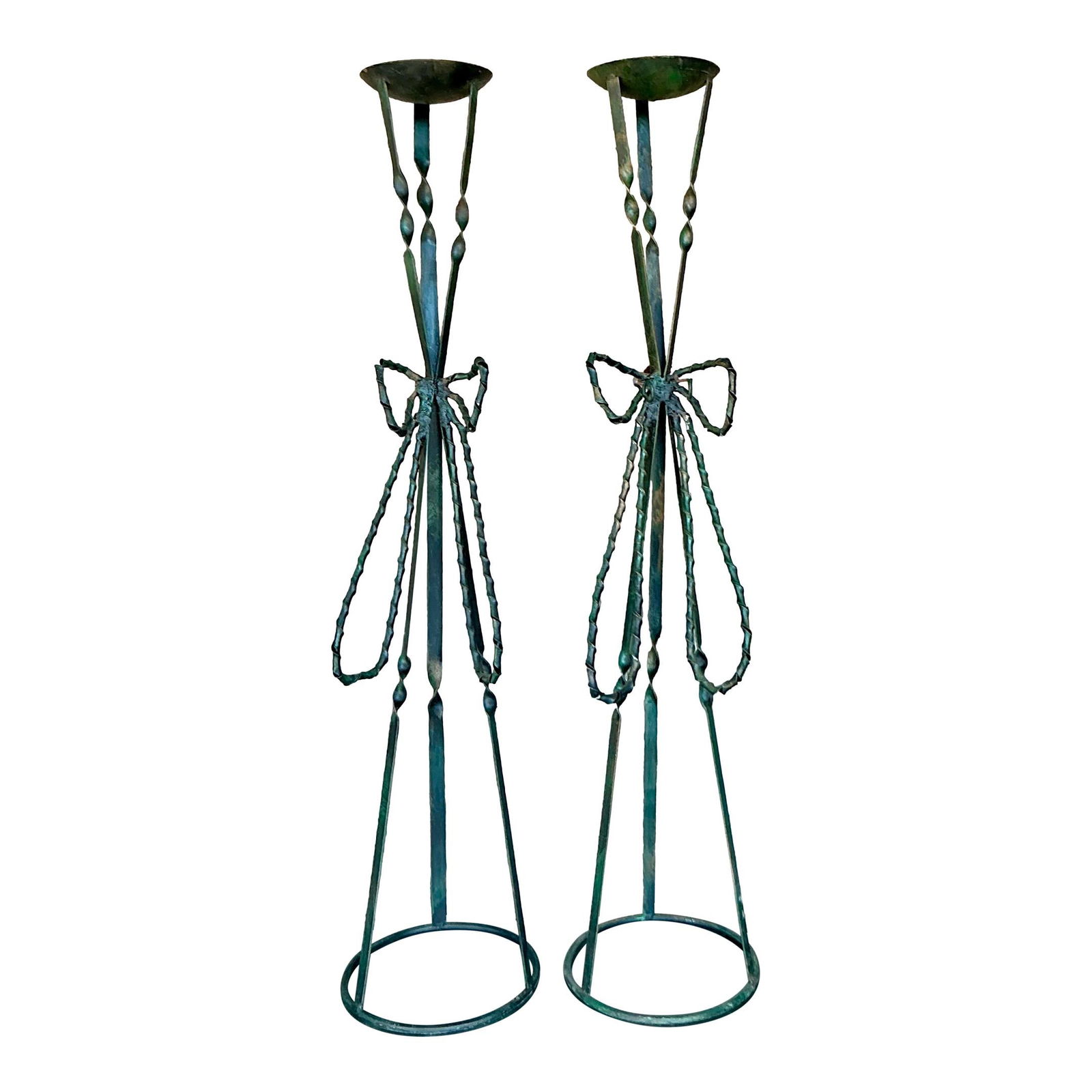 Vintage Wrought Iron Bow Candlesticks Pair 36.75in Dark Green (1 of 10)