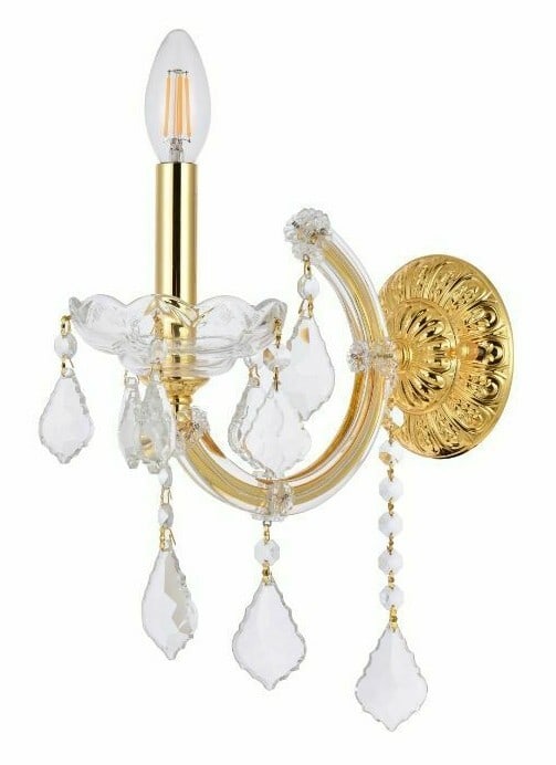 Maria Theresa Gold Crystal Wall Sconce Light 12 inch Traditional Design: Maria Theresa Gold Crystal Wall Sconce Light 12 inch Traditional Design Illuminate your space with this elegant Maria Theresa Wall Sconce, featuring a stunning gold finish and clear royal cut crystals