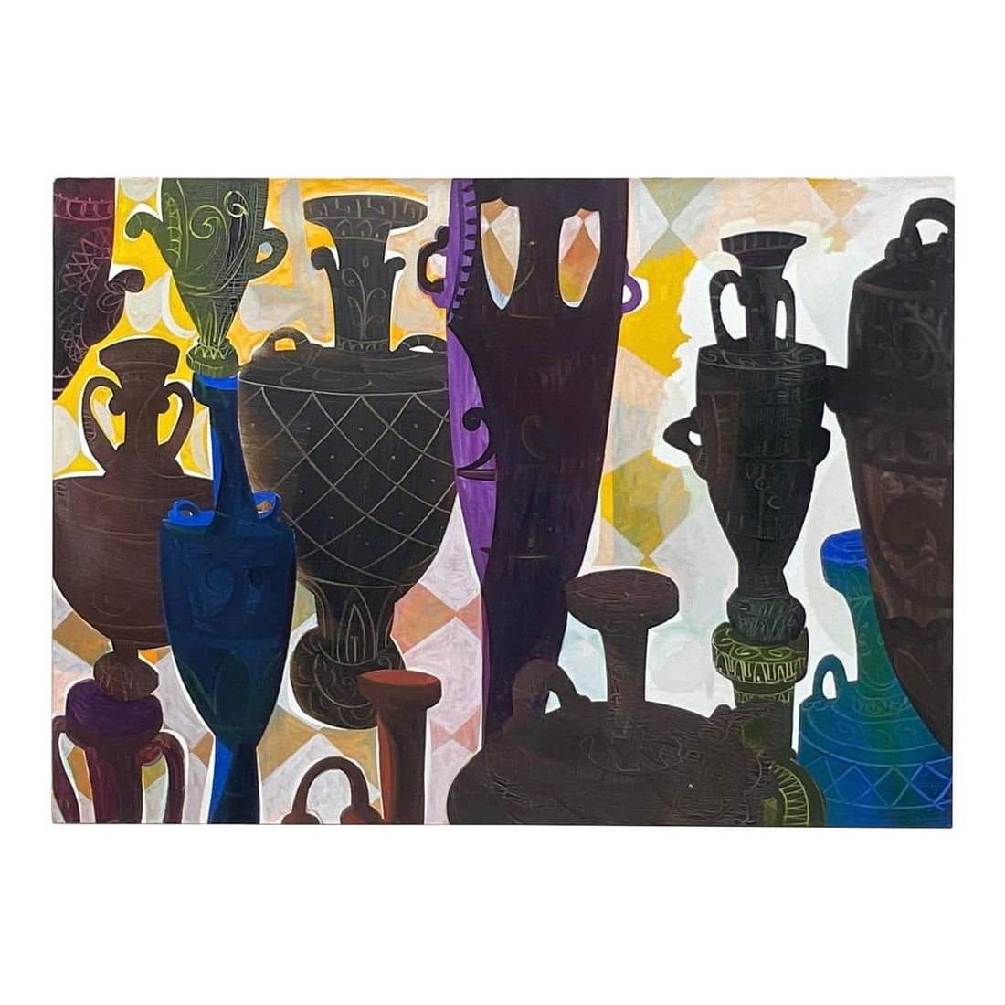 Vintage Boho Style Original Oil Painting on Canvas 53 x 38: Vintage Boho Style Original Oil Painting on Canvas 53 x 38 This original vintage Boho oil painting on canvas showcases classic urns, blending artistry and elegance in a timeless manner. The piece was