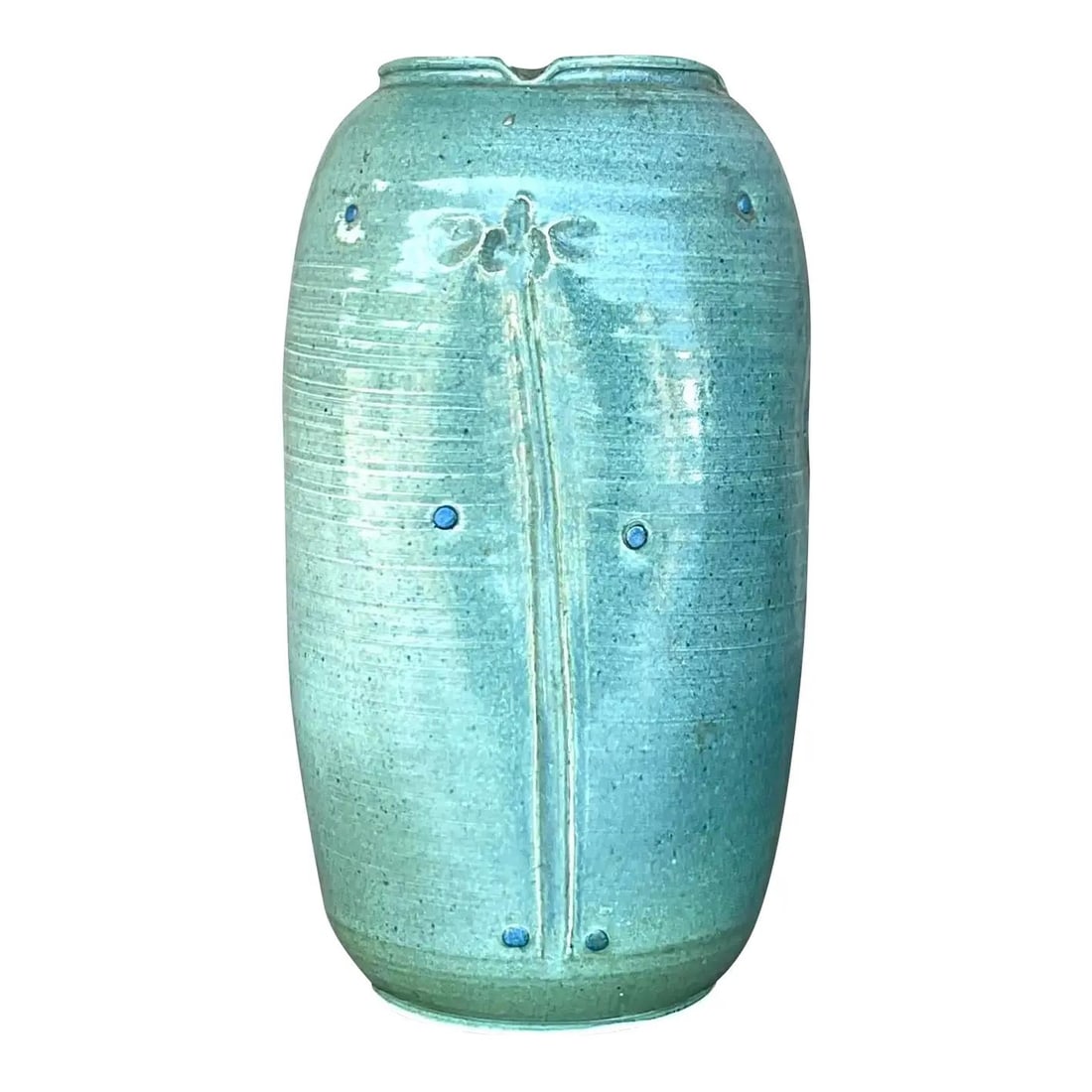 Artist Signed Hand-Thrown Bohemian Style Pottery Vase with Teal Glaze (1 of 7)