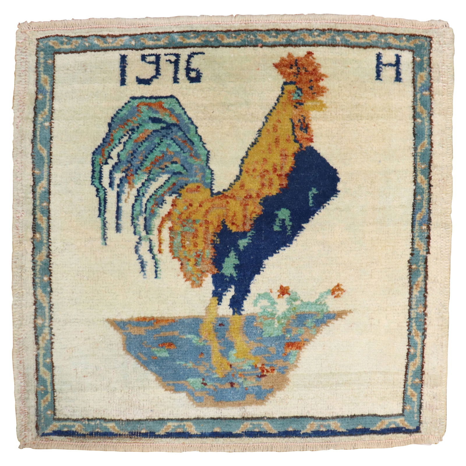 Hand-Knotted Vintage Turkish Folk Art Rooster Rug 1976 (1 of 5)