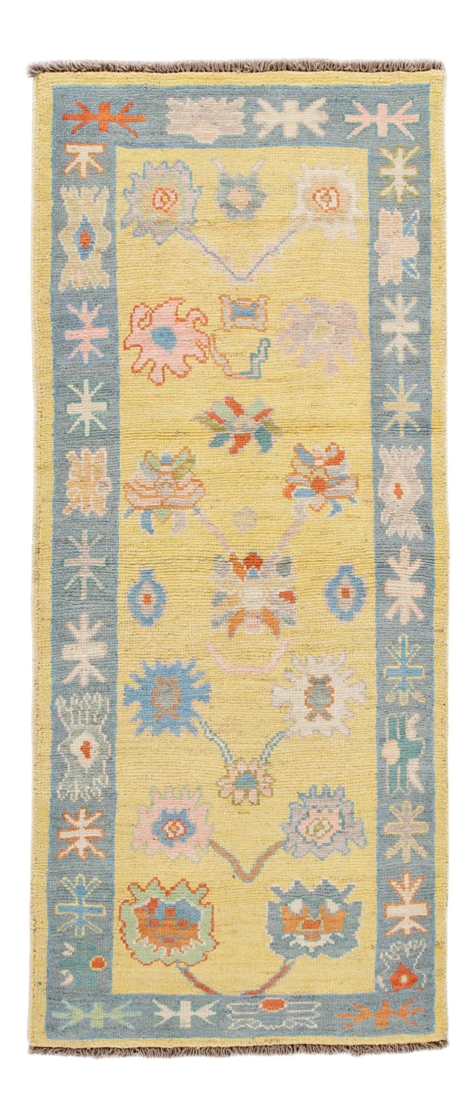Vibrant Yellow Oushak Handmade Wool Runner 3'2" x 7'6": Vibrant Yellow Oushak Handmade Wool Runner 3'2" x 7'6" This exquisite Modern Oushak Turkish handmade wool runner features a vibrant yellow field adorned with a stunning all-over geometric floral desig