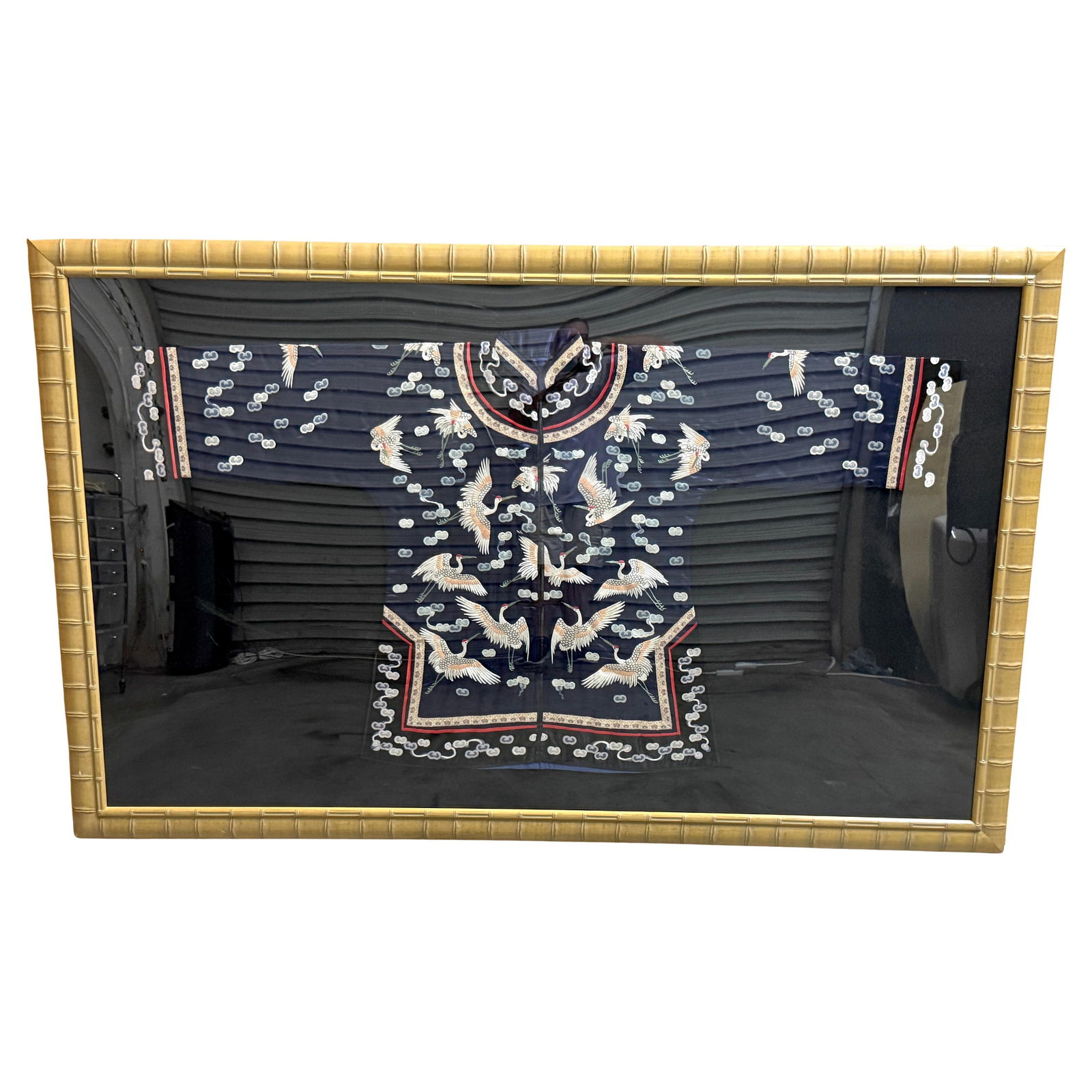 Framed 20th Century Chinese Silk Robe Flying Cranes Auspicious Clouds (1 of 13)