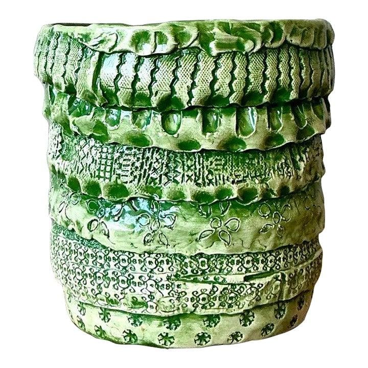 Vintage Boho Studio Pottery Cache Pot in Chartreuse and Green: Vintage Boho Studio Pottery Cache Pot in Chartreuse and Green Elevate your home decor with this stunning Vintage Boho Slab Built Studio Pottery Cache Pot. This hand-built vessel is a true testament to