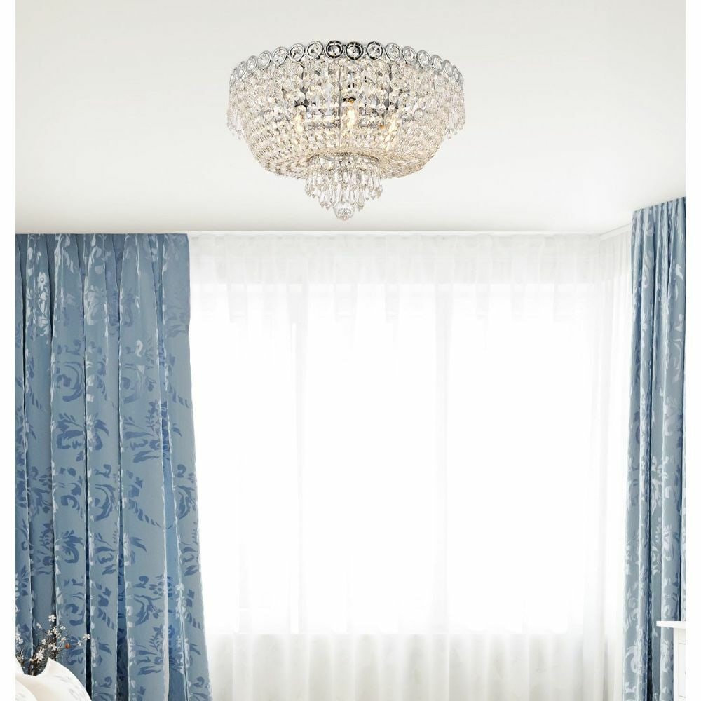 CENTURY 4 Light Crystal Chrome Flush Mount 16 Inch: CENTURY 4 Light Crystal Chrome Flush Mount 16 Inch Elevate your indoor spaces with the stunning 4-Light Chrome Flush Mount Chandelier from the Century collection. This modern fixture features a polish