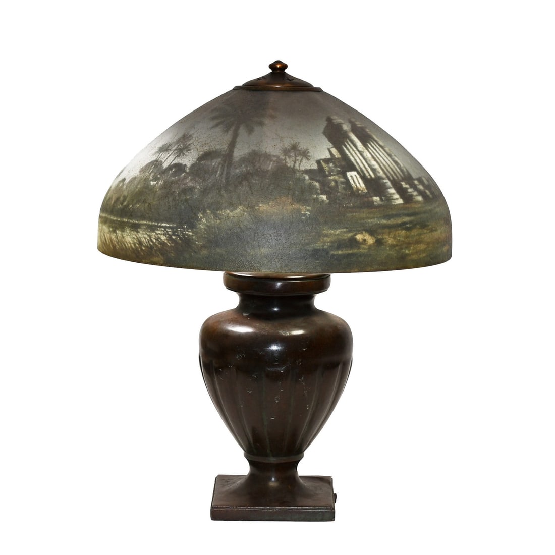 Antique Handel Art Deco Table Lamp Ruins of Elephantine Tiffany Era: Antique Handel Art Deco Table Lamp Ruins of Elephantine Tiffany Era Illuminate your space with this exquisite Antique Handel Reverse Painted Table Lamp, a stunning piece from the Tiffany era. This ori
