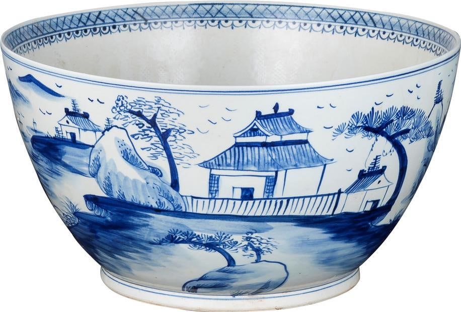 Chinoiserie Style Blue White Porcelain Decor Bowl 8H 16W 16D (1 of 4)
