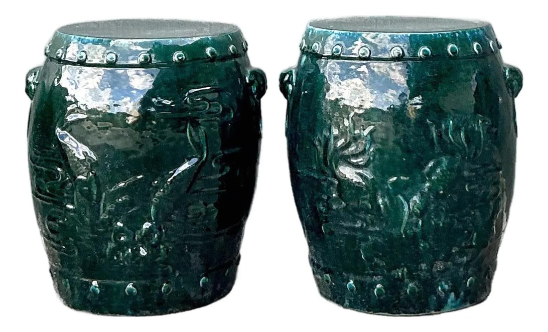 Pair of Teal Green Ceramic Koi Fish Barrel Garden Drum Stools: Pair of Teal Green Ceramic Koi Fish Barrel Garden Drum Stools This pair of vintage ceramic garden stools features a deep teal-green glaze with sculpted koi fish and stylized wave motifs in high relief