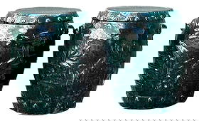 Pair of Teal Green Ceramic Koi Fish Barrel Garden Drum Stools: Pair of Teal Green Ceramic Koi Fish Barrel Garden Drum Stools This pair of vintage ceramic garden stools features a deep teal-green glaze with sculpted koi fish and stylized wave motifs in high relief