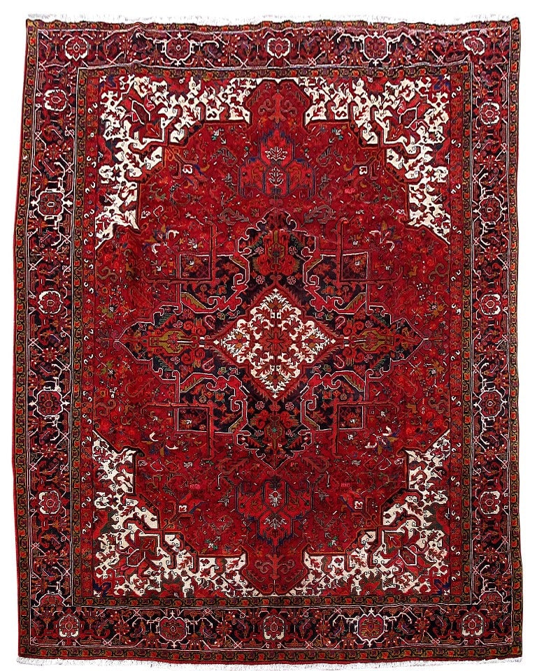 Handcrafted 10 x 12.8 Red Persian Heriz Area Rug from Iran: Handcrafted 10 x 12.8 Red Persian Heriz Area Rug from Iran Free continental US Shipping Elevate your space with this exquisite 10' x 12.8' Traditional Persian Tribal Rug, handcrafted by talented artis
